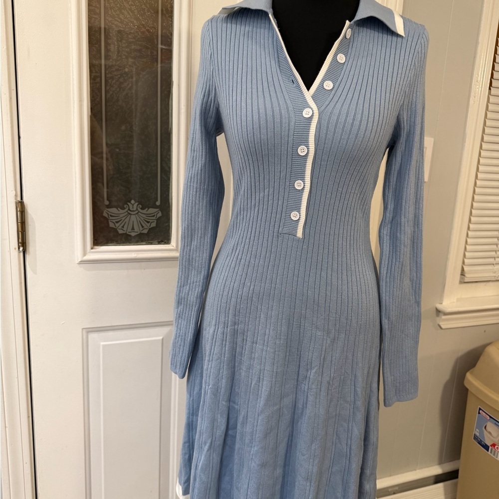 Elegant Long Sleeve Blue Button-Down Dress
